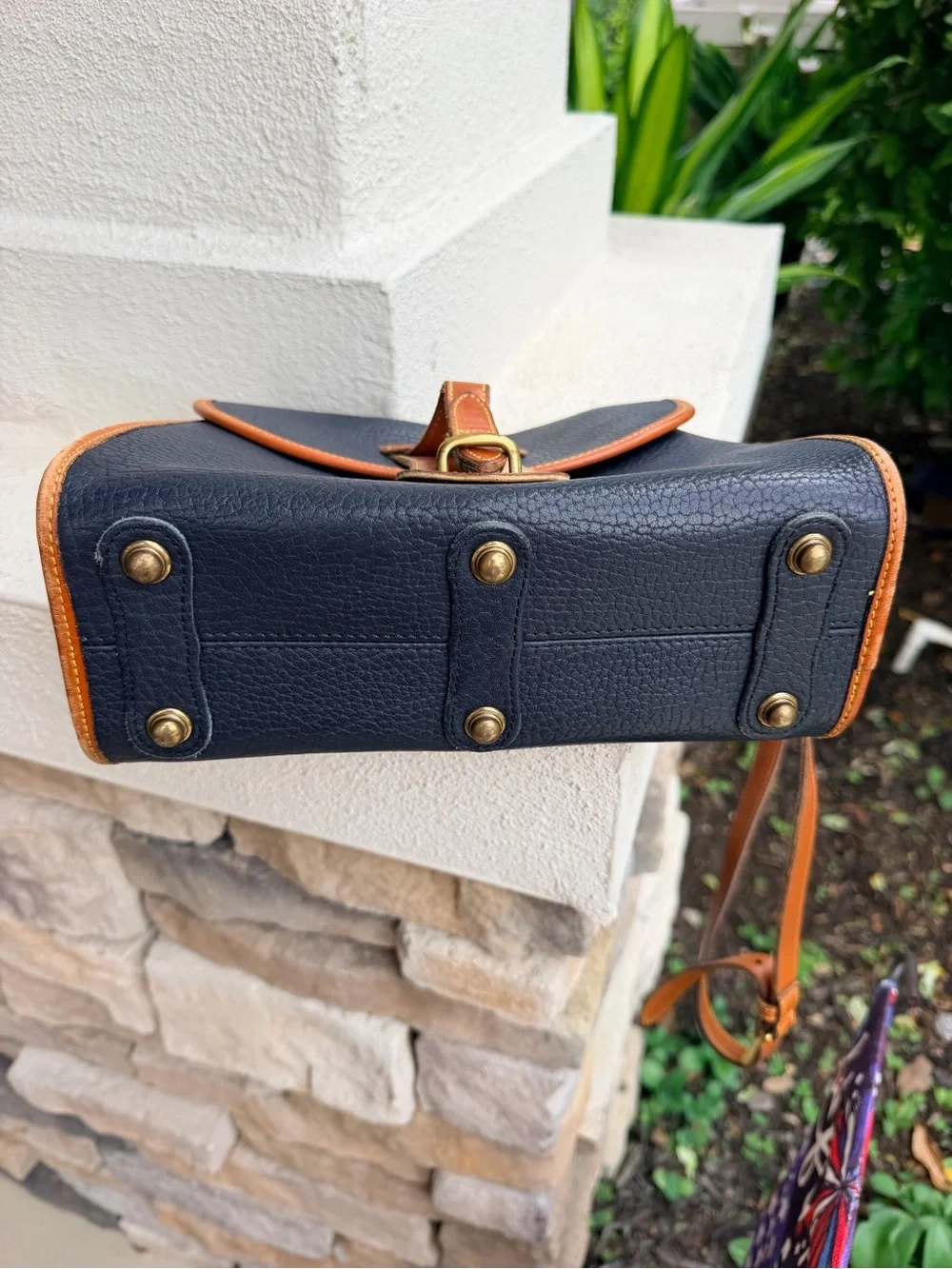 Vintage Dooney & Bourke All Weather Leather Navy British Tan Crossbody USA Made